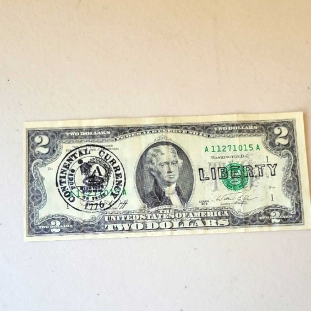 1976 Continental Currency 1776 Stamped Two Dollar Bill with Green Seal